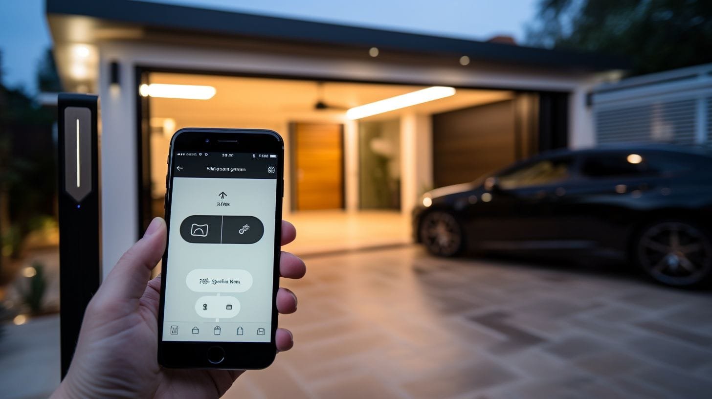 Homeowner using a smartphone to control a modern, smart-enabled garage door equipped with safety sensors and a security camera.