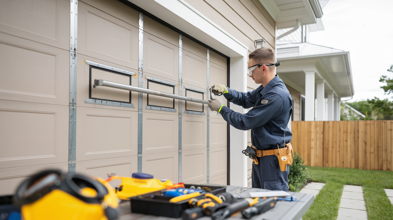 A garage door technician inspecting a sagging door with tools, highlighting the importance of maintenance and repairs.