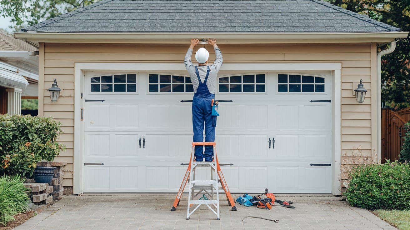 Technician performing maintenance on a residential garage door to prevent breakdowns.