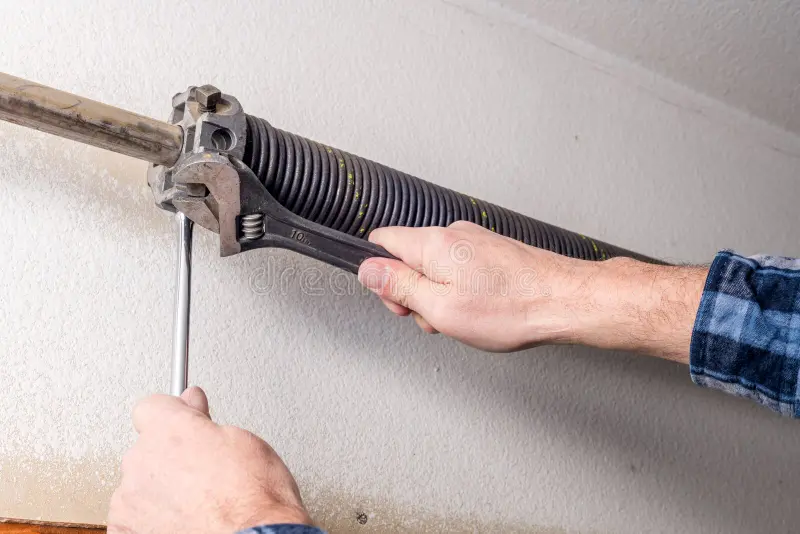 Professional technician replacing a garage door spring in a residential garage to ensure smooth and safe operation.