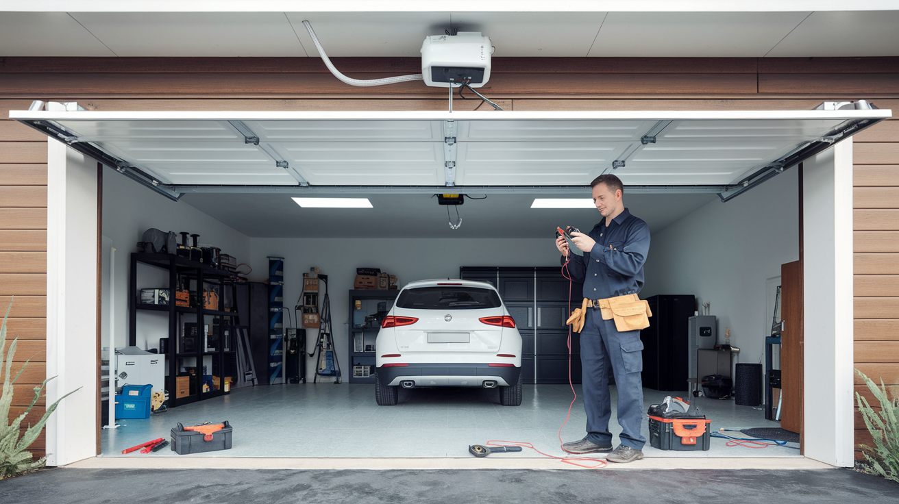 A professional technician troubleshooting a garage door that won’t open, using specialized tools to diagnose the problem.