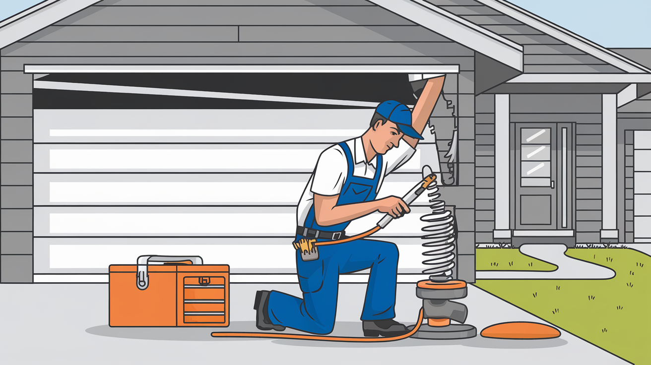 Garage door technician performing maintenance on a residential garage door, ensuring safety and functionality