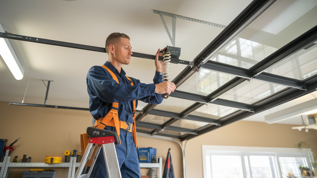 A garage door technician testing and adjusting the balance of a residential garage door to ensure smooth operation and safety.