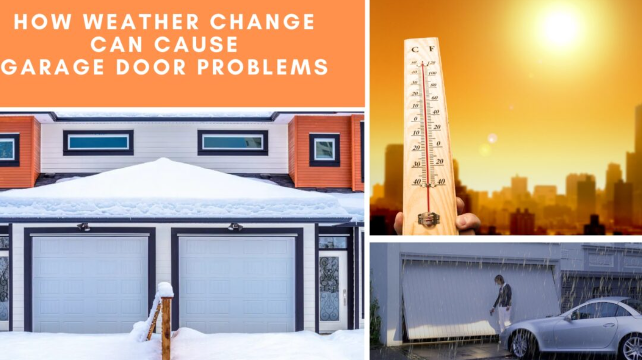 A garage door exposed to different weather elements like rain, snow, and extreme heat, demonstrating the impact of climate on its durability.