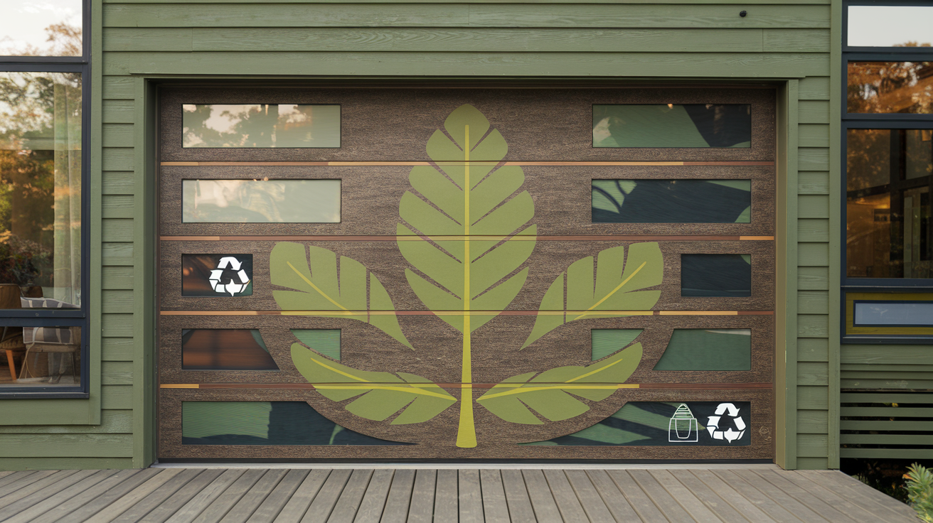 A sustainable garage door crafted from recycled materials, designed for energy efficiency and environmental impact reduction.