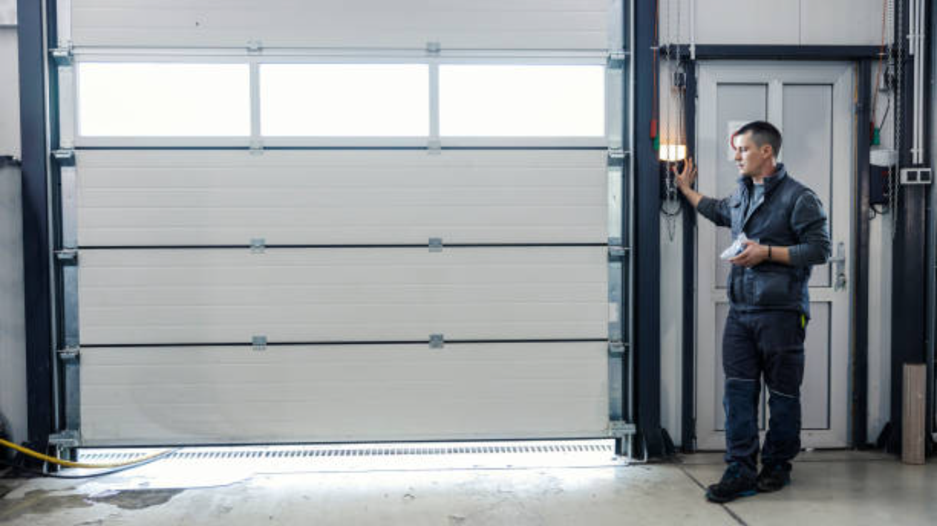 A local garage door technician providing expert service to a homeowner, ensuring quality repair and installation.