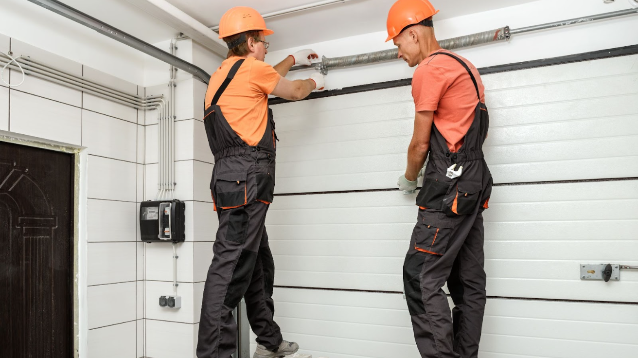 A garage door technician performing maintenance on a garage door’s springs and rollers to ensure smooth operation.