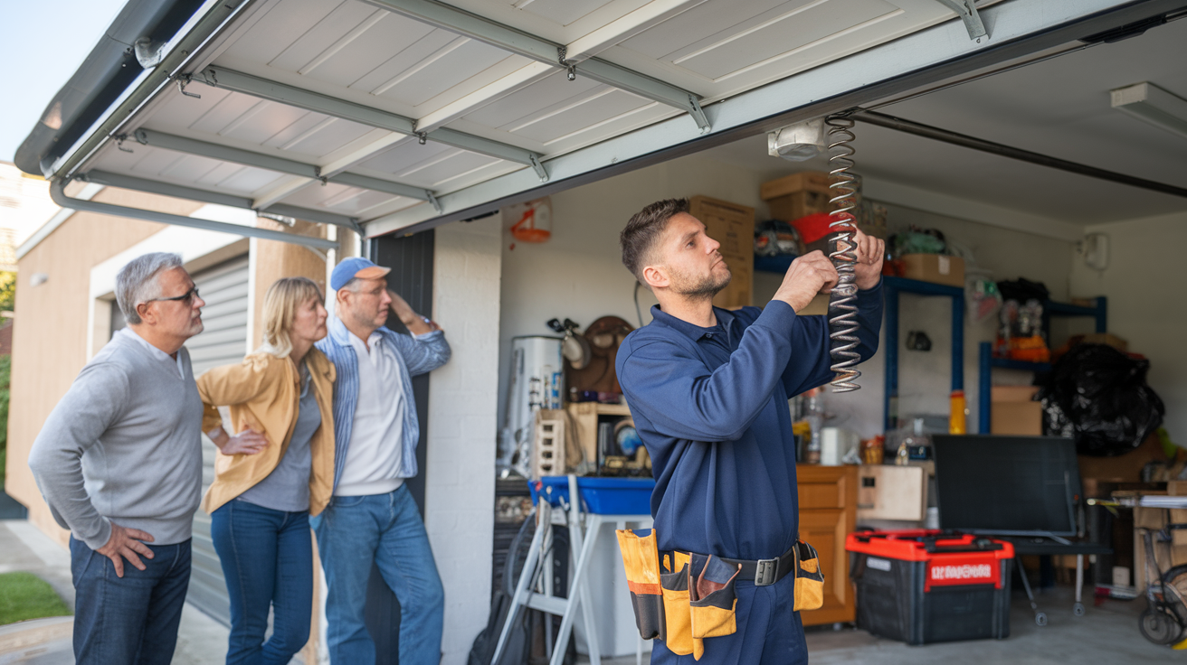 Garage door technician inspecting a malfunctioning garage door while homeowners look on, showing the importance of regular maintenance.