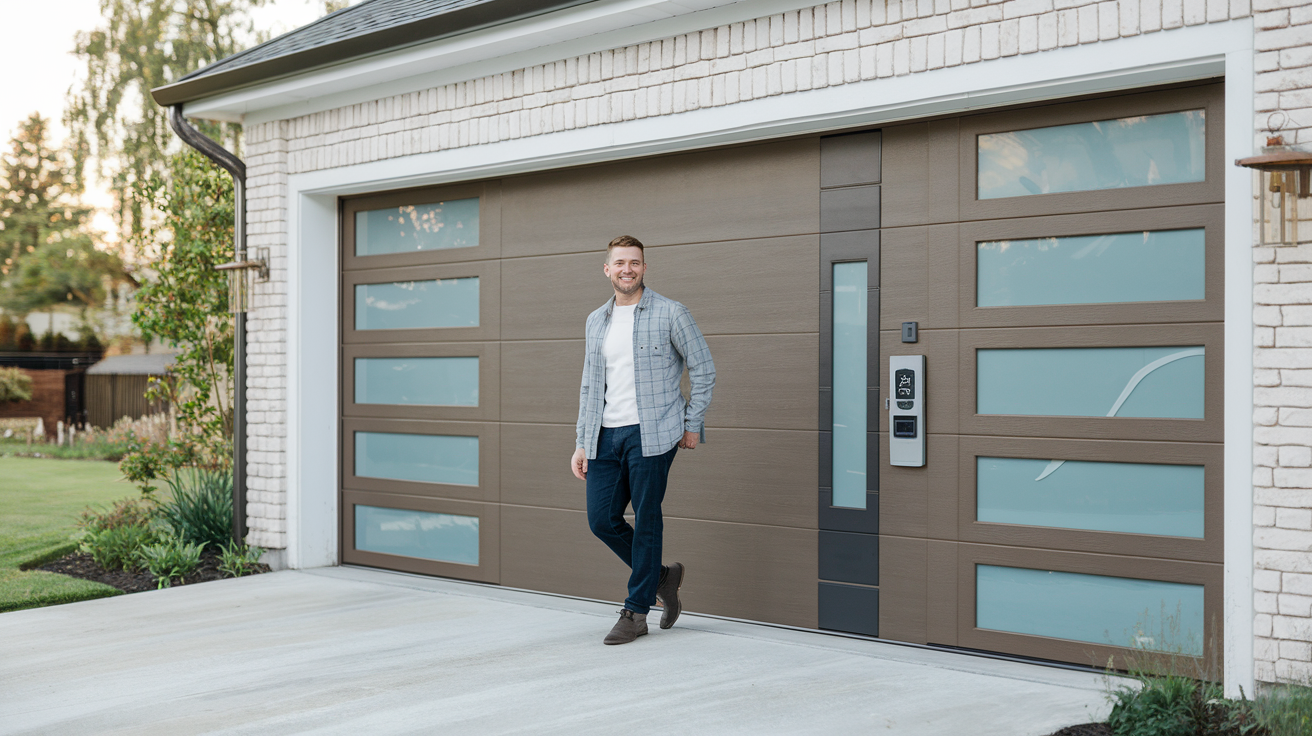 Homeowner standing next to a newly installed smart garage door with enhanced security and modern design. It shows customer experiences with LNU Garage Door.